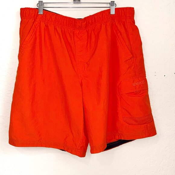 Speedo Swim Trunks Mens Large Orange Pockets Drawcord Solid Mesh Lined Surfing - Picture 1 of 8